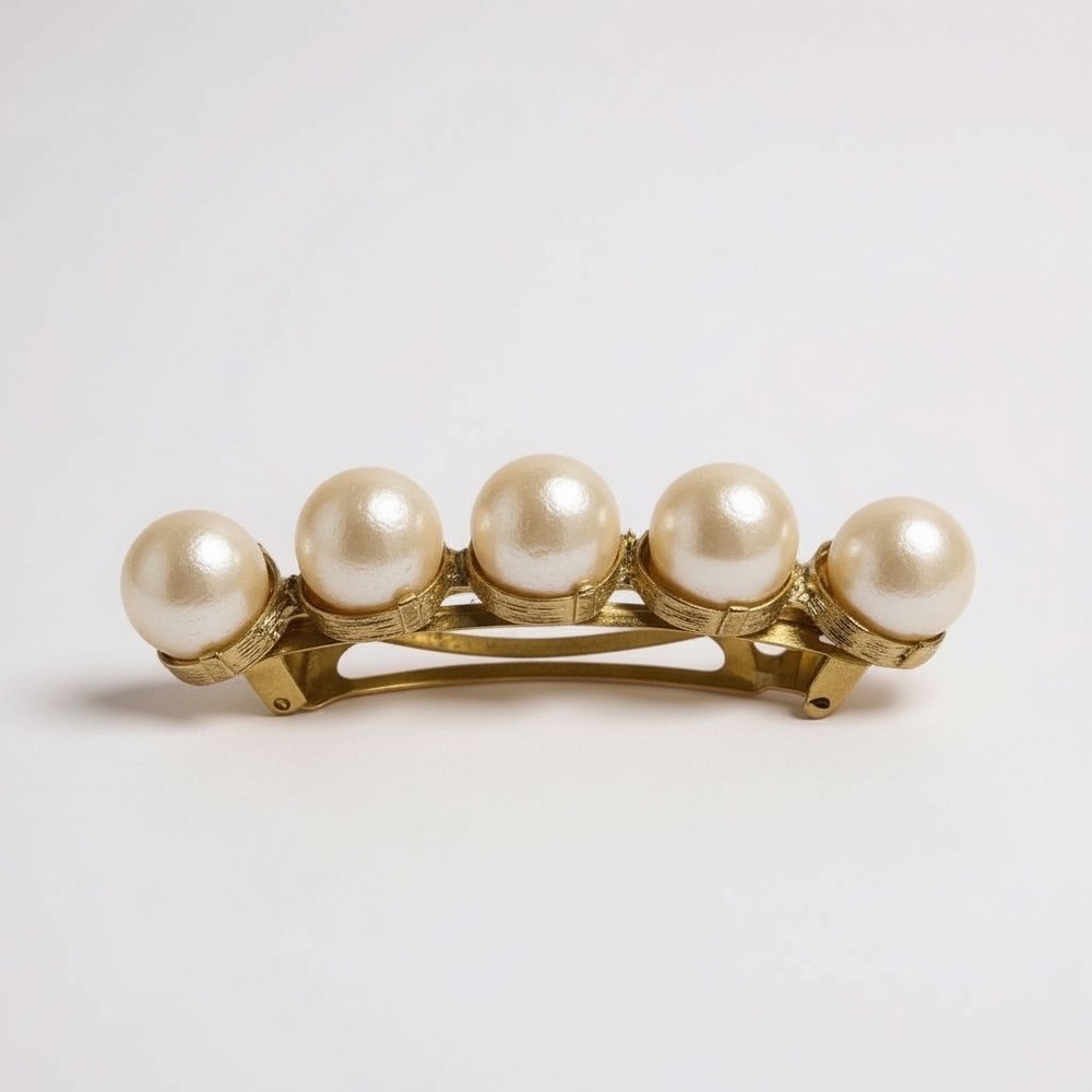 Vintage Colette Malouf Gold Tone Faux Pearl Barrette Hair Clip Made in France